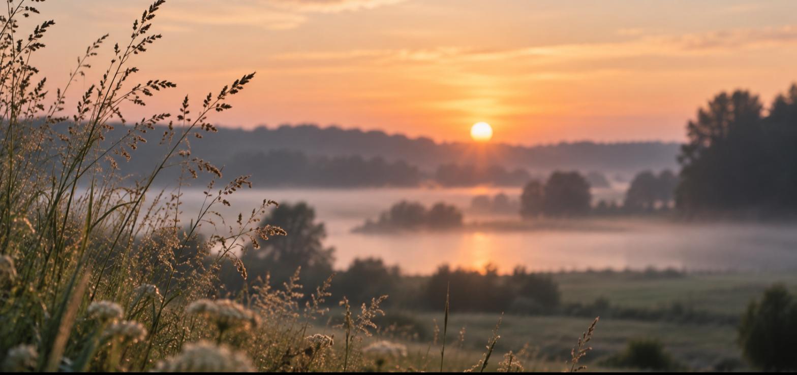 Een weids landschap bij zonsopkomst, met mist boven het water en grassen op de voorgrond.